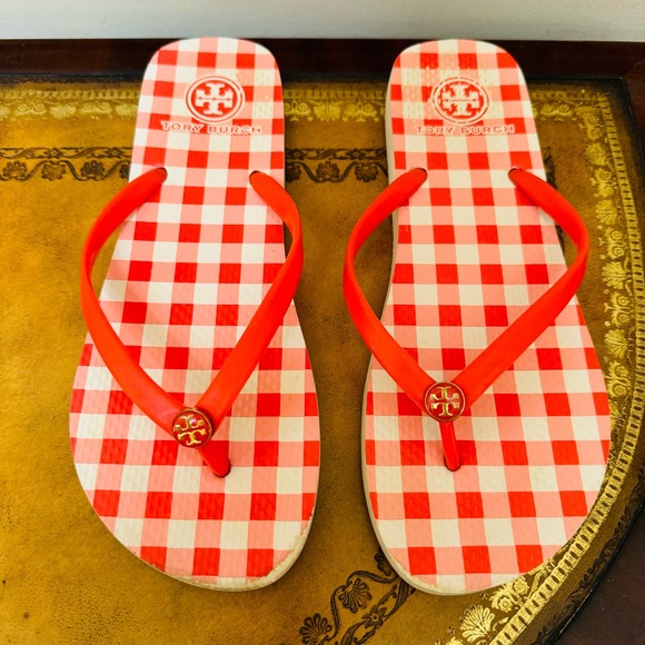 Tory Burch Red Gingham Plaid Slides Flip Flops Thongs Sandals Size 8.5 - Picture 1 of 4